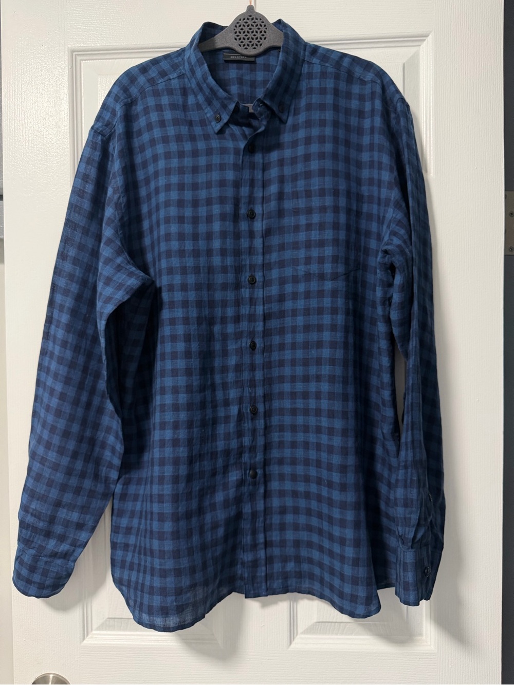 Belstaff Men’s 3XL Blue Navy Plaid 100% Linen Button Down Shirt NWOT
